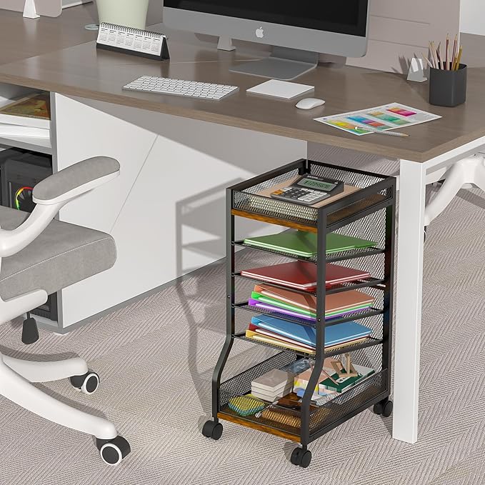 keomaisyto 6-Tier Standing File Organizer for Office Organization, Under Desk File Holder with Sliding Mesh Paper Letter Trays, Slim Rolling File Cart with Wheels for Home/Office/Study