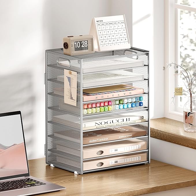 SUBEKYU 9 Tier Paper Organizer for Desk - Metal Mesh Letter Tray File Paper Sorter Organizer Include 6 Pcs Adjustable Height Slid Tray with Handles for Office School Home Organization Storage, Silver