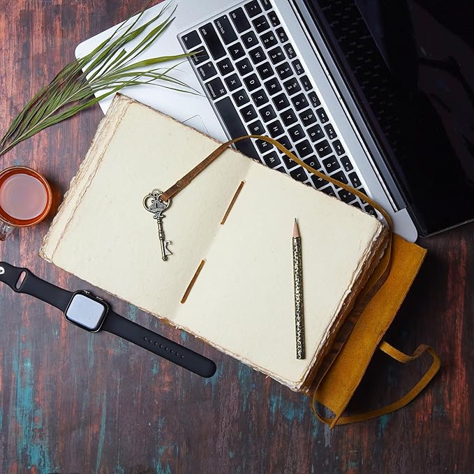 LEATHER VILLAGE Vintage Leather Journal – 200 Handmade Vintage Deckle Edge Paper – Leather bound Journal For Women Men – Vintage Key Closure - Book of Shadows - Cappuccino Brown - 6X4 inches (A6)