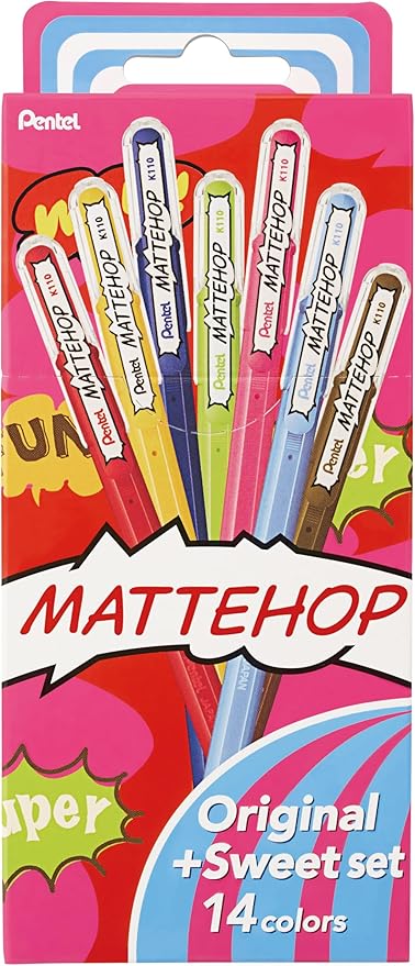 Pentel Mattehop Gel Pens, Original + Cheerful Colors Box Set, (1.0mm), Bold Line, 14 Assorted Colors (K110-V14ST)