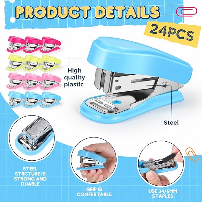 Ctosree 24 Pcs Mini Stapler Bulk with Boxes Staples Pink Small Staplers Set Built in Staple Remover, Cute Hand Held Desk Gifts for Back to School Office Supplies, 3 Colors