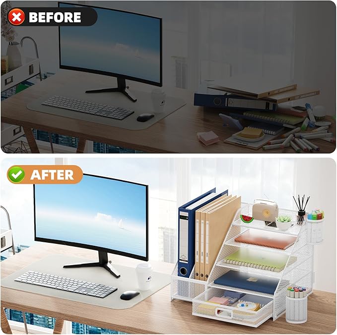 Marbrasse Desk Organizer with File Holder, 5-Tier Paper Letter Tray Organizer with Drawer and 2 Pen Holder,Mesh Desk Organizers and Accessories,Desktop Organizer and Storage for Office Supplies(White)