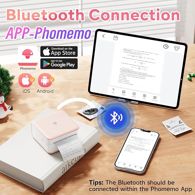 Phomemo Mini Printer Sticker Maker - Mini Sticker Printer P2S, Print Pod Pocket Machine Bluetooth Thermal Label Maker for Study Notes, Photos, List, Memo, Gift, Receipt, 3 Rolls Paper, Pink