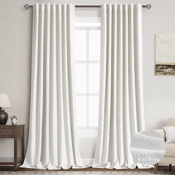 100% Blackout Linen Curtains 102 Inches Long 2 Panels for Bedroom Back Tab Pinch Pleated Black Out Curtain Neutral Cream Noise Cancelling Light Blocking Window Curtains 102 Inch Length,Ivory