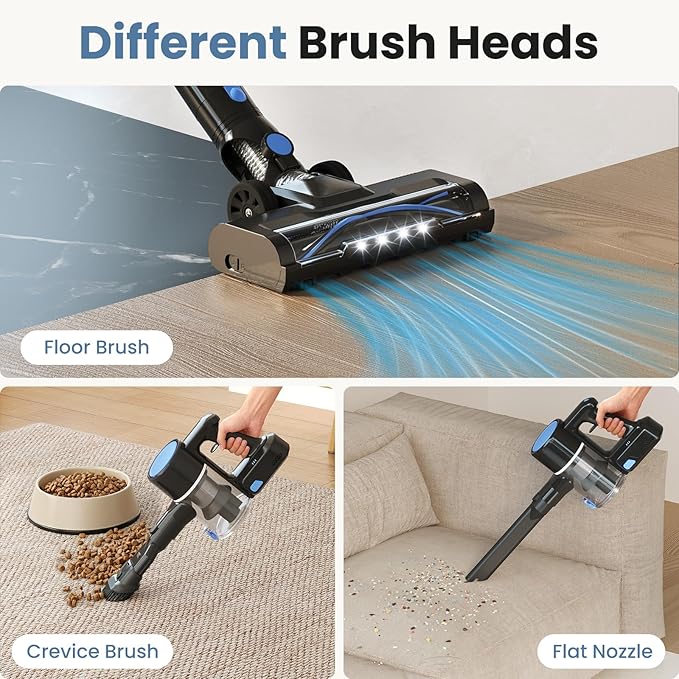DUMOS Cordless Vacuum Cleaner, Lightweight Stick Vacuum Cleaners for Home, Powerful Suction & LED Lights Rechargeable Battery for Carpets, Pet Hair, Hardwood Floors