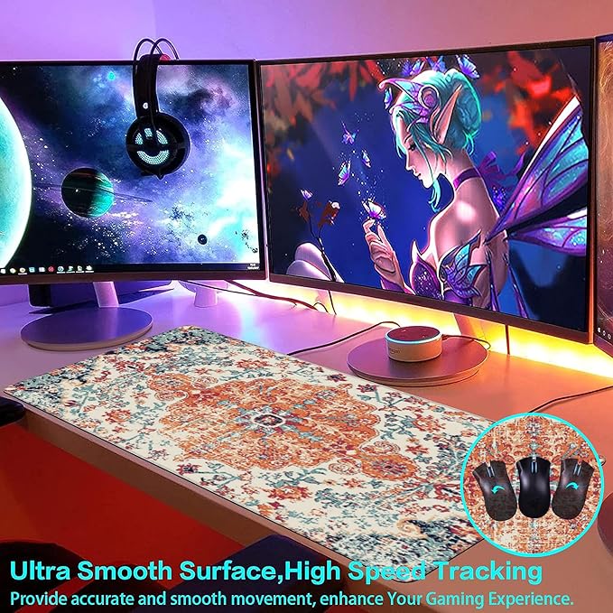 Large Gaming Mouse Pad for Desk, Boho Style Design Carpet Desk Mat for Desktop, Non-Slip Rubber Base Stitched Edges Long Computer Keyboard Mouse Mat Desk Pad for Home Office Gaming 35.4"X15.7"