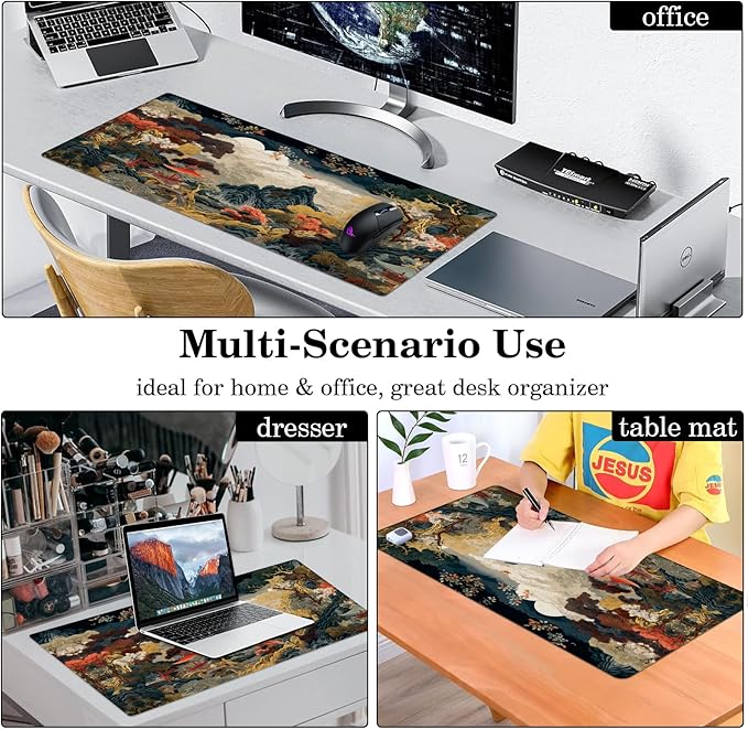 Chinese Style Desk Pad Protector, Stitched Edges Mouse Pad, Large Office Desk Mat, Non-Slip Desk Blotter, Laptop Desk Pad, Desk Writing Pad for Office and Home (31.5" x 15.7")