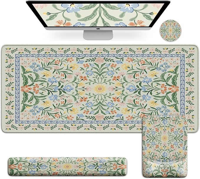 iCasso Mouse Pad with Wrist Rest,Large Desk Mat Set,Ergonomic Keyboard Pad with Wrist Support,Non-Slip Mouse Mat for Women,Cute Floral Computer Mat for Home Office Gaming (Green Floral)