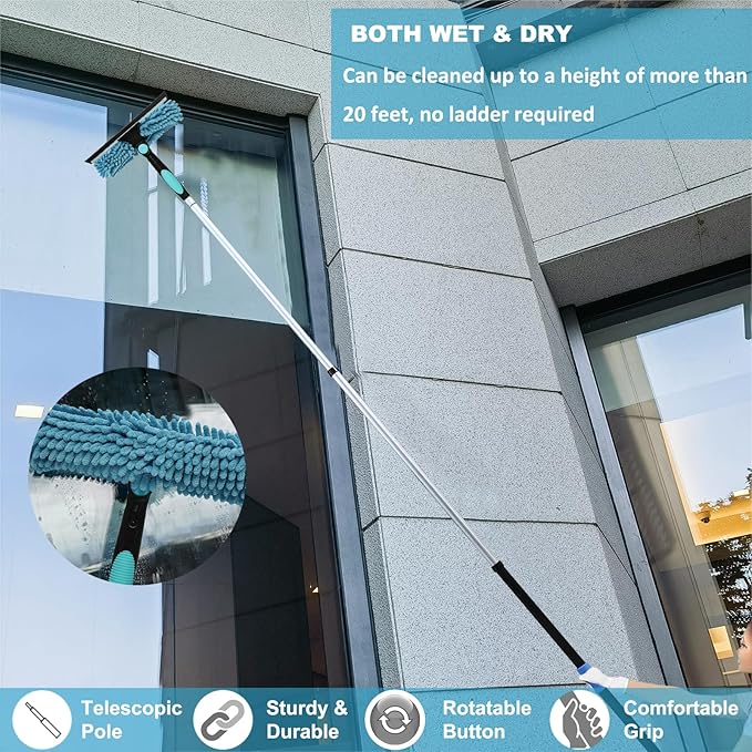 20 Ft+ Reach 2 in 1 Window Squeegee Duster with 5-to-12 Foot Extension Pole, Cleaner Tool with 3-Stage Telescoping Pole, Cleaning Kit with Rotatable Head - Chenille Cloth + Microfibre Cloths Head