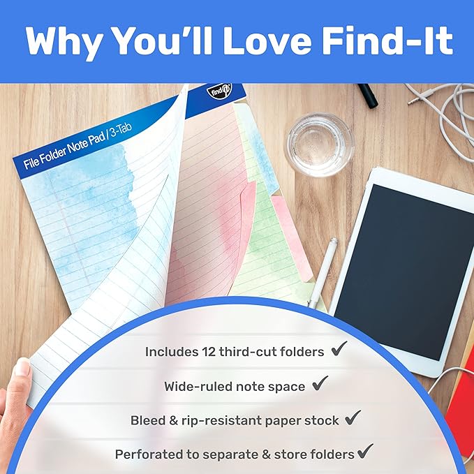 Find It File Folder Notepad - Pack of 12-9.5 x 12.5 Inch Notebook Organizer Folders for Filing, Document, and Clipboard Organization - Watercolor