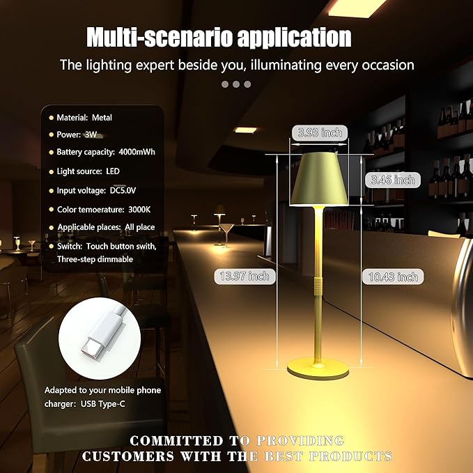 Modern LED CordlessTable Lamp,4000mAh Rechargeable Battery Desk lamp,3 Level Brightness Night Light, Minimalist Design, for Couple Dinner/Coffee Table/Restaurant/Bedroom(Champagne Gold)