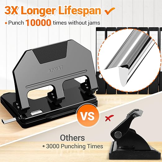 AFMAT HPX3 Heavy Duty 3 Hole Punch, 40-Sheet 3 Hole Puncher for Binder, Metal Three Hole Punch w/ 10,000+ Uses, 50% Reduced Effort, Bulit-in S.S. Paper Guide, Large Chip Tray, Black