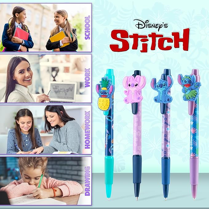Disney Pens, 4 Cute Pens with Adorable Stitch Toppers, Pretty Pens for Journaling, Drawing, or School Work, Cute Pens for Women & Kids, Stitch School Supplies, Black Ink Ballpoint Pen Set