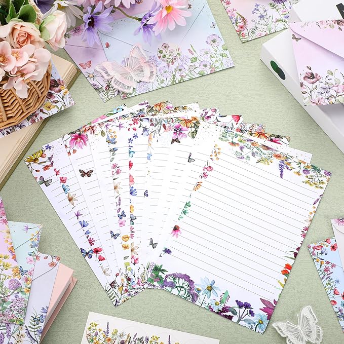 TaoBary 160 Pcs Stationery Paper Set 50 Double Sided Stationery Papers with 50 Matching Envelopes and 60 Round Dot Sticker, 10 Design(Wildflower,5.5 x 8.25 Inch)