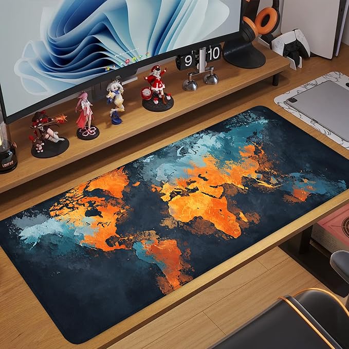 World Map Artistic Design Mouse Pad – 31.5" x 11.8" Extended Abstract Desk Mat with Bold Orange and Blue Color Palette – Large Non-Slip Surface for Office, Home, and Study