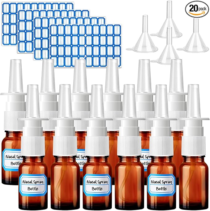 20 Pcs Nasal Spray Bottle, 10ML/0.35OZ 12Pcs Glass Brown Nasal Spray Bottles Empty with 4 Pcs Funnels and 4 Pcs Labels