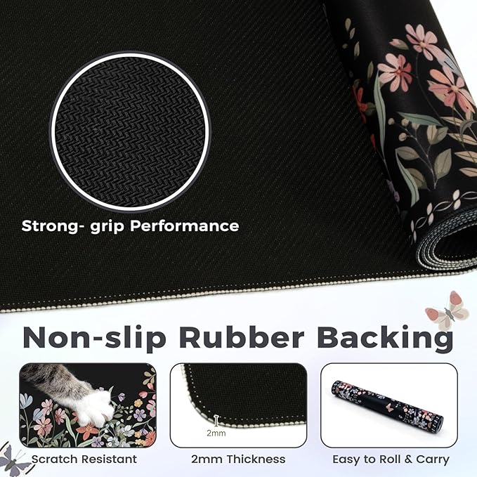 HAOCOO Floral Desk Pad for Keyboard and Mouse, Black Mouse Pad with Non-Slip Rubber Base, XXL Keyboard Mat with Edge Stitching, Soft Computer Mat, Gaming, Office Aesthetics