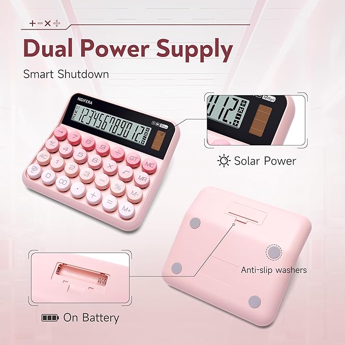 Mechanical Calculator,12 Digits, Large LCD Display,Big Buttons,Solar and Battery Dual Power Mechanical Keyboard Desktop Pink Calculators,Cute and Aesthetic (Pink, Large)
