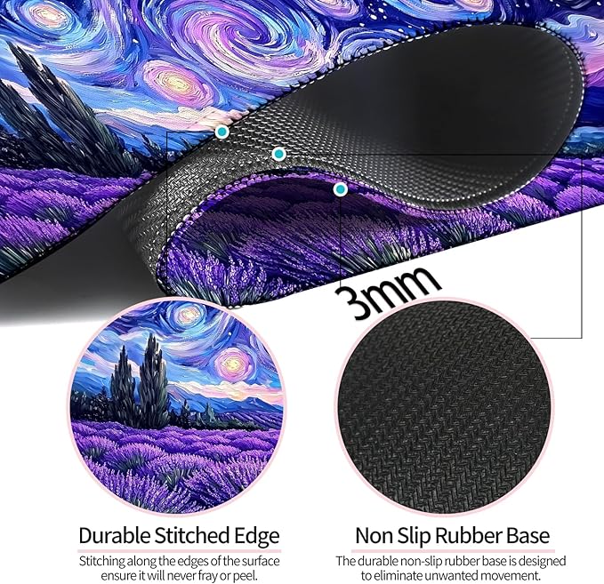 Fantasy Starry Night Lavender Field Gaming Desk Mat, Computer Keyboard Large Extended Long Floral Mouse Pad for Office and Home, XL (W27)