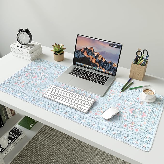 HAOCOO Floral Desk Mat for Keyboard and Mouse, Large Laptop Mouse Pad, Waterproof Makeup Mat, Cute Desktop Mat for Home, Desk Skirts for Teacher Desk, Desk Mat for Dorm(Blue)