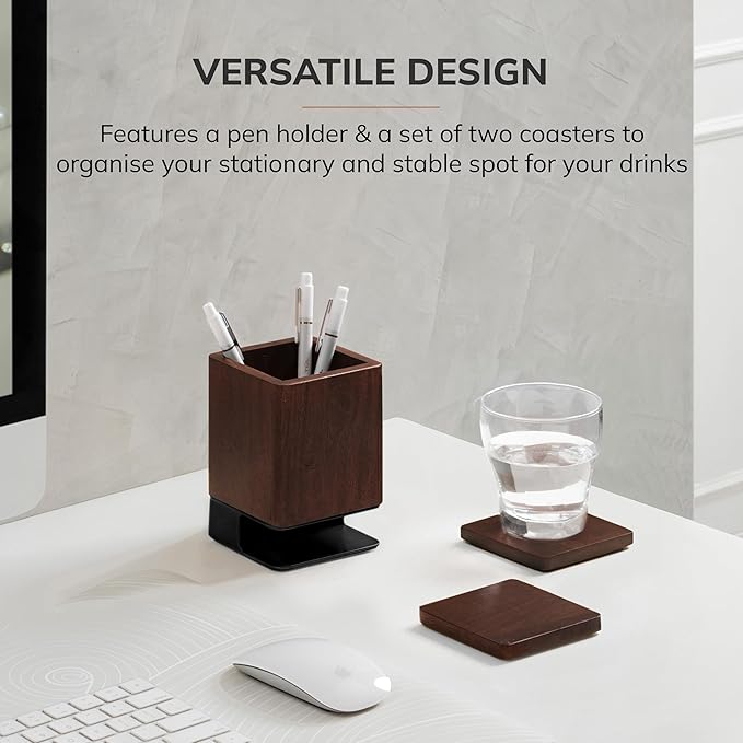 Anji Mountain Mango Wood Pen Holder with 2 Coasters, Stained Wood & Powder Coated Metal Pen Holder, Sustainable Room Decor Desk Organizer, Stylish Designer Pencil Case for Office Supplies