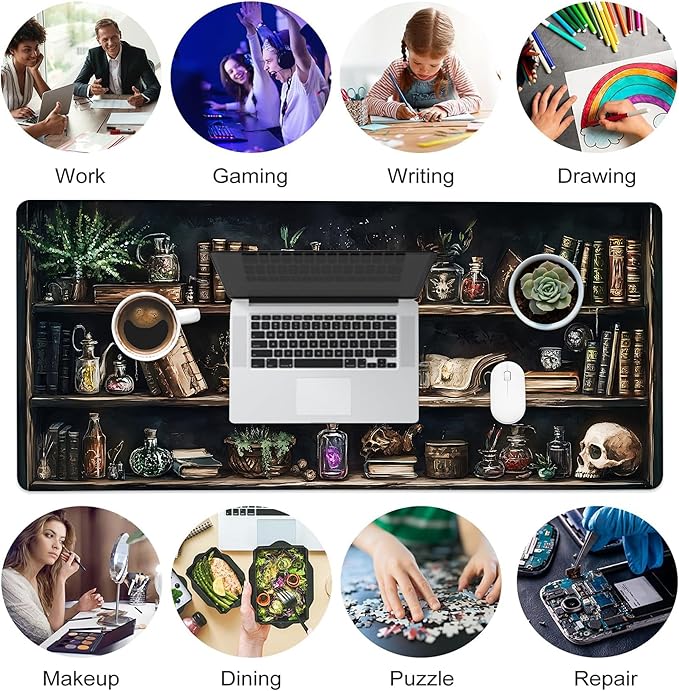 Desk Pad, Black Academia Fantasy Bookshelf Goth Skull XL Gaming Mouse Pad with Stitched Edges,Non-Slip Waterproof Rubber Base Large Desk Mat for Keyboard and Mouse 31.5"x11.8"