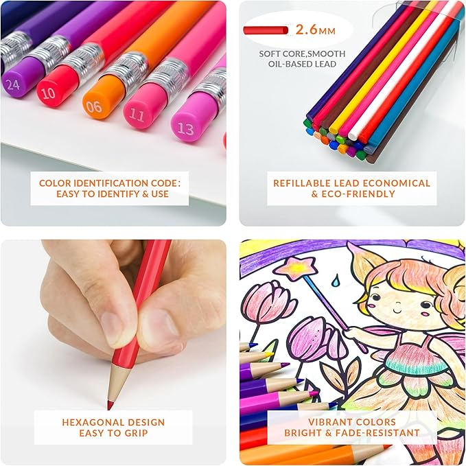24 Mechanical Colored Pencils with 24 Lead Refills for Adult Coloring Books, 2.6mm Oil-Based Soft Core Drawing Pencils, Vividly Brilliant Colors for Art & Sketching, with Sharpener