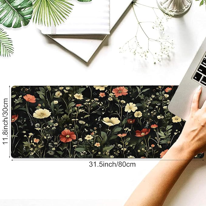 Desk Pad, Colorful Wildflowers Floral XL Gaming Mouse Pad with Stitched Edges,Non-Slip Waterproof Rubber Base Large Desk Mat for Keyboard and Mouse 31.5"x11.8"