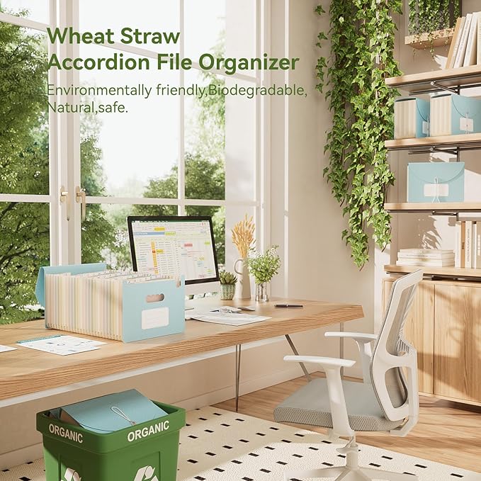 Accordion File Organizer, 26 Pockets Wheat Straw Expanding File Folder, Monthly Bill Receipt Organizer, A-Z Tabs, 100% BPA Free, Return to Nature, Healthy Living, Letter/A4 Size - Sky Blue