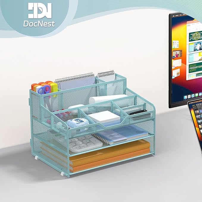 Docnest 3 Tier Mesh Desk Organizer for Paper Office Supplies – Multi-Functional Letter Tray with 5 Adjustable Compartments, 3 Pen Holders, Desktop Storage for Files, Mail, Stationery – Blue
