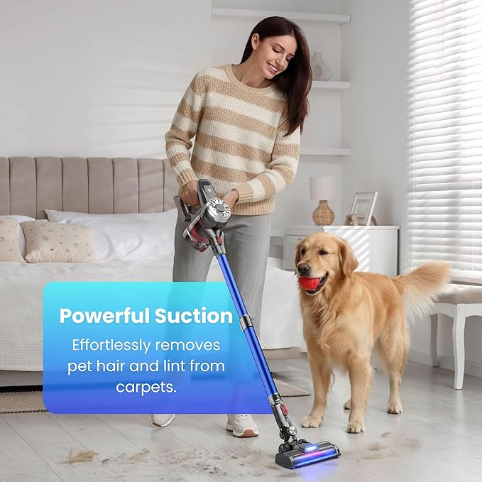 BARNMO Cordless Stick Vacuum, Blue, 45 Min Runtime, LED Headlights, 2-Speed, Telescopic Tube with Main Vacuum Brush, Crevice Tool, dust Brush, Removable-Rechargeable Battery Pack with Charging Cord