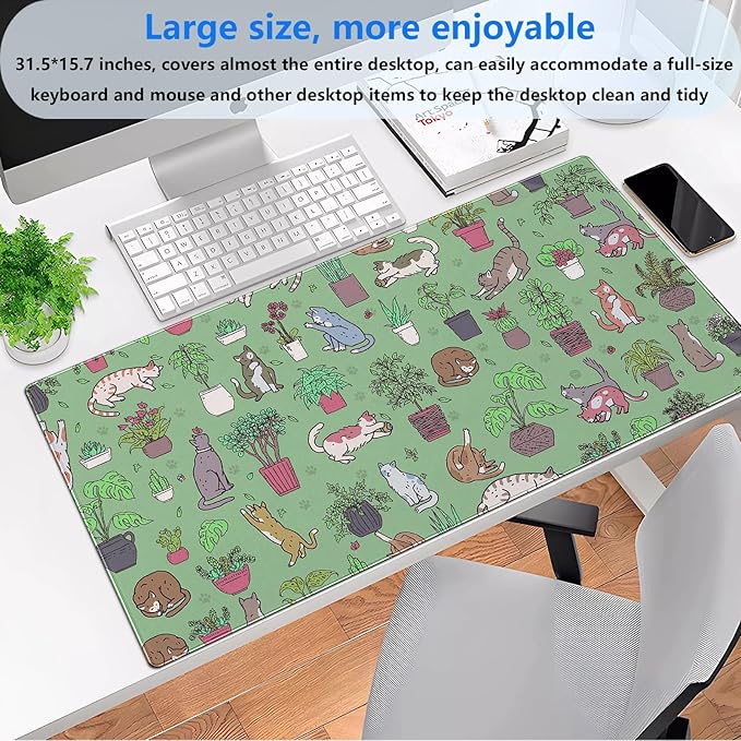Cat Mouse Pad Green Desk Mat XXL Large Gaming Mousepad Sage Green Mouse Pads Cute Kawaii Bohemian Computer Mat Keyboard and Mouse Pad Office Desk Decor 31.5 x 15.7 in