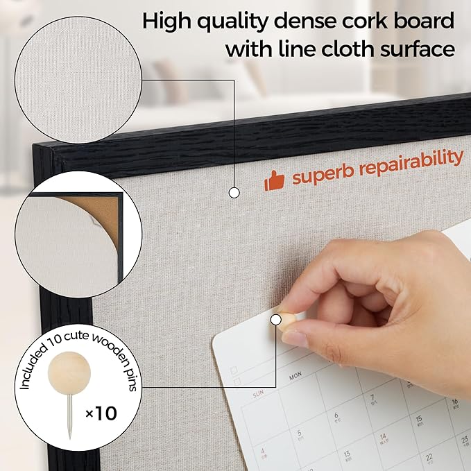 Fun Memories Cork Board Bulletin Board for Office, 24" x 36" Oak Wooden Framed Corkboard, Wall Mounted Notice Pin Board for School Home & Office, Black