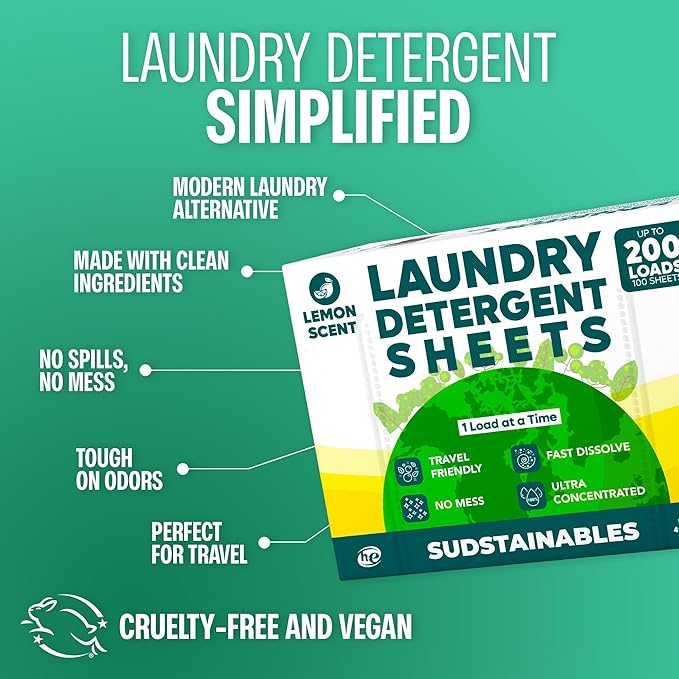 Sudstainables Laundry Detergent Sheets 200 Loads – Dissolvable Laundry Sheet for Washing Machines, Compact Alternative to Liquid & Powder Detergent, Travel-Friendly Soap | Lemon