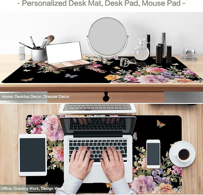 Desk Mat Mouse Pad Butterfly Flower, 35.4x15.7 in Pink Floral XXXL Extended Large Gaming Desk Pad Mousepad, Waterproof Black Computer Laptop Keyboard Mat for Women Girls Work, Game, Office, Home