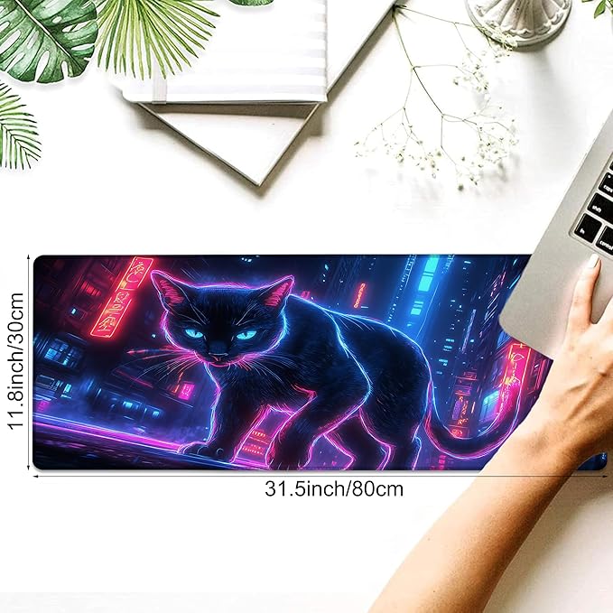 Desk Pad, Neon Cat Prowling Cyberpunk Cityscape XL Gaming Mouse Pad with Stitched Edges,Non-Slip Waterproof Rubber Base Large Desk Mat for Keyboard and Mouse 31.5"x11.8"