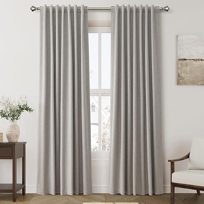 Silver Linen Blackout Curtains for Bedroom Windows Farmhousse Back Tab Rod Pocket Thermal Insulated Curtains 84 Inch Length 2 Panels Set Full Black Out Room Darkening Drapes for Living Room 52X84