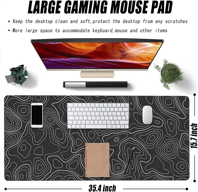 Large Gaming Mouse Pad for Desk, Black Ocean Bottom Topographic Line Map Desk Mat for Desktop, Non-Slip Rubber Base Stitched Edge Long Computer Keyboard Mouse Mat Desk Pad for Home Office 35.4"X15.7"