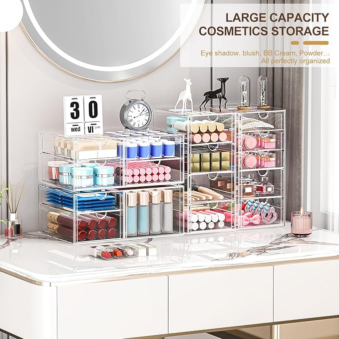 Makeup Organizer Storage With 16 Drawers, 4 Pcs Desktop Office Supplies, Desk Organizers, Clear Accessories, Dustproof Drawer and for Make Up, Jewelry, Pen, Stationary
