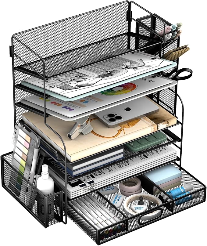 7 Tier Desk File Organizer Office Storage Desk Accessories, Desktop Organizer for Office Supplies with Drawer and 2 Pen Holders (Black)