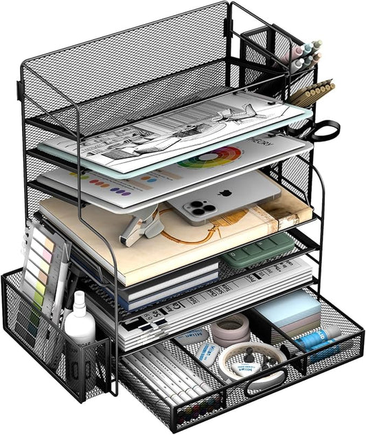 7 Tier Desk File Organizer Office Storage Desk Accessories, Desktop Organizer for Office Supplies with Drawer and 2 Pen Holders (Black)