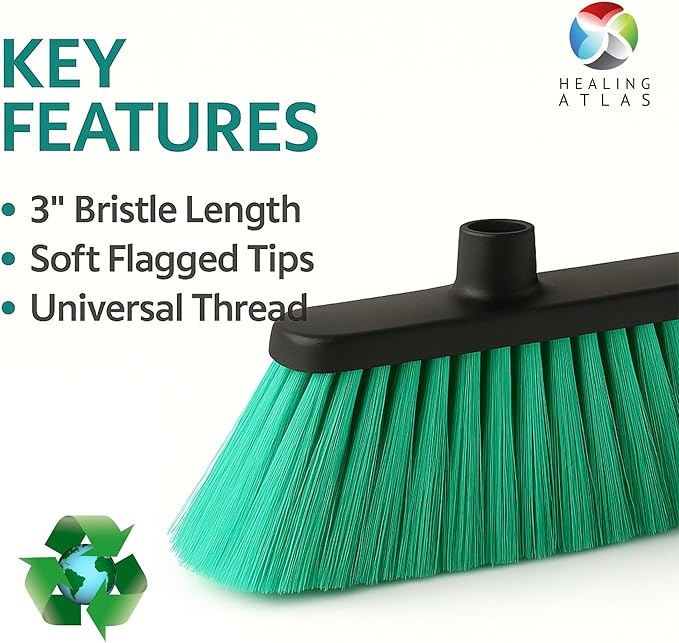 Healing Atlas Aria Green Broom Head – 13” Sweeping Width – Soft/Firm Magnetic Flagged Bristles – Universal Thread – Recycled PP – Daily Indoor Sweeper (Green, ARIA)