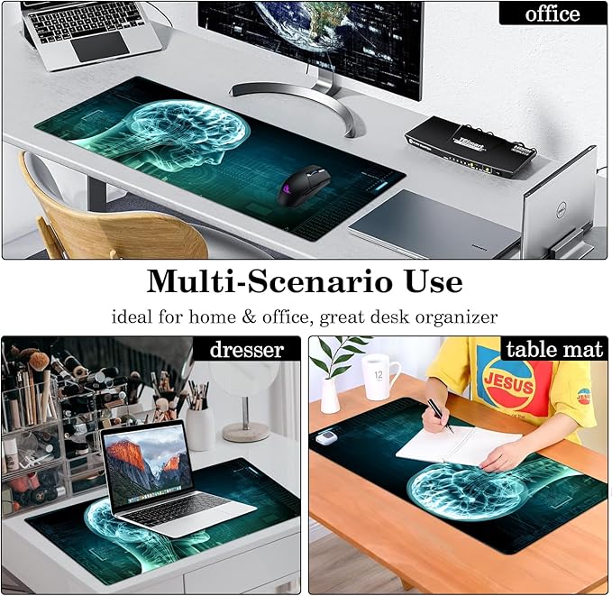 Science Fiction Brain Desk Pad Protector, Stitched Edges Mouse Pad, Large Office Desk Mat, Non-Slip Desk Blotter, Laptop Desk Pad, Desk Writing Pad for Office and Home (31.5" x 15.7 ")