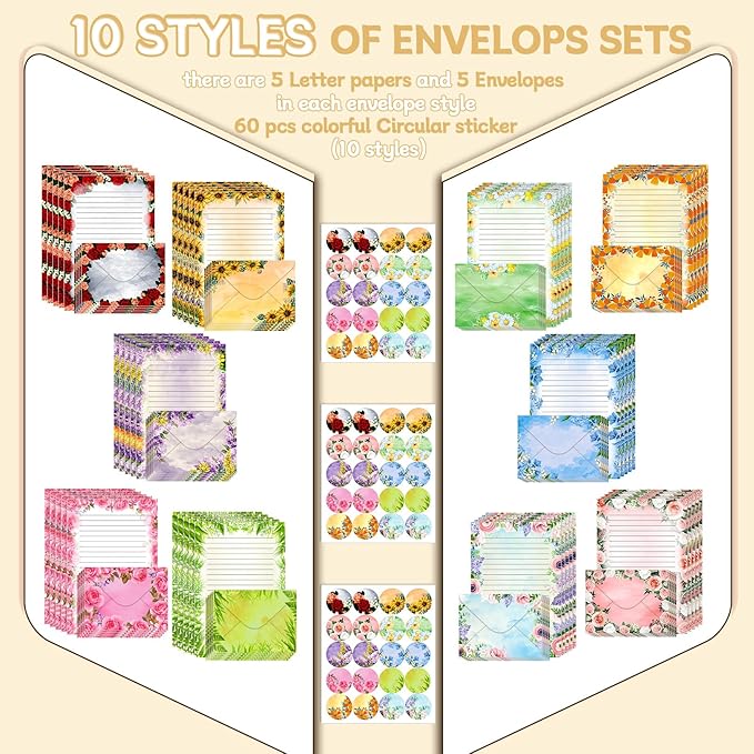 TaoBary 160 Pcs Stationery Paper Set 50 Double Sided Stationery Papers with 50 Matching Envelopes and 60 Round Dot Sticker, 10 Design(Flower,5.5 x 8.25 Inch)