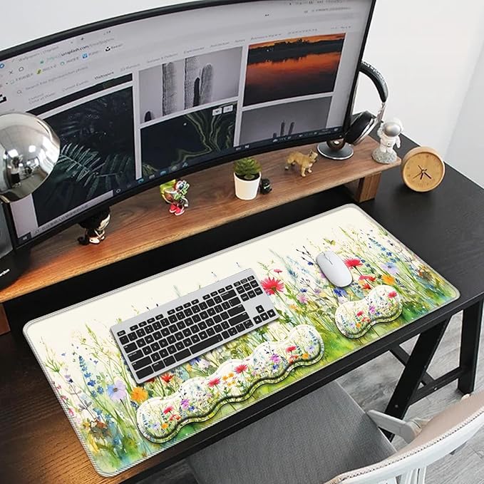 Keyboard Mouse Pad Set,Large Mouse Pad+Keyboard Wrist Rest+Wrist Support+Coaster,31.5x11.8in Extended Desk Mat for Computer Laptop Office Home - Plant Flower