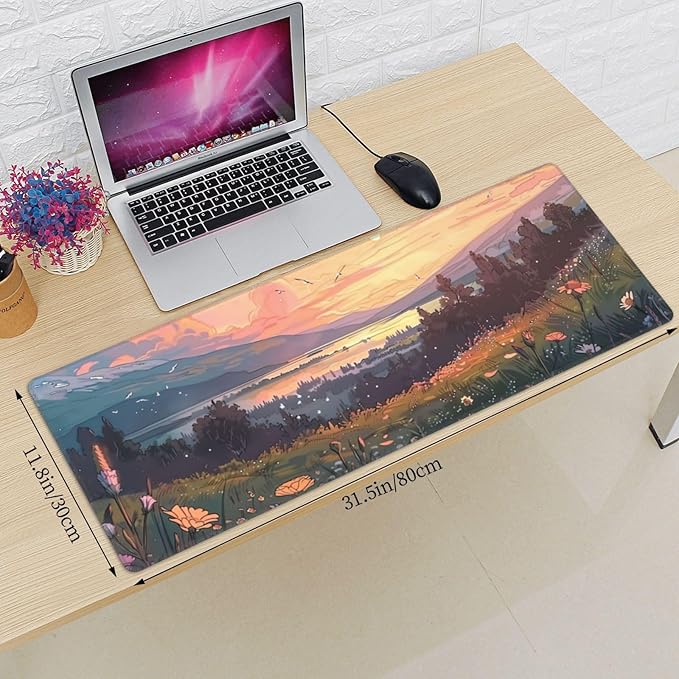 Hill Side Wildflowers Gaming Mouse Mat Extended Large XL Mouse Pad Desk Mat Non-Slip Rubber Mice Pads Stitched Edges for Office and Home,31.5 X 11.8 X 0.12 Inches