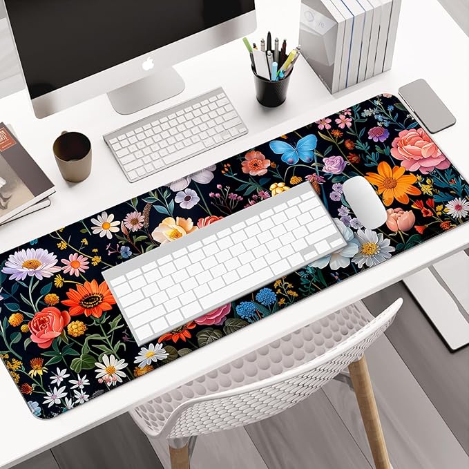 Butterfly Flowers Gaming Mouse Pad, Extended Large Floral Plant Desk Mat, Computer Keyboard Laptop Mousepad for Work, Office and Home, XL