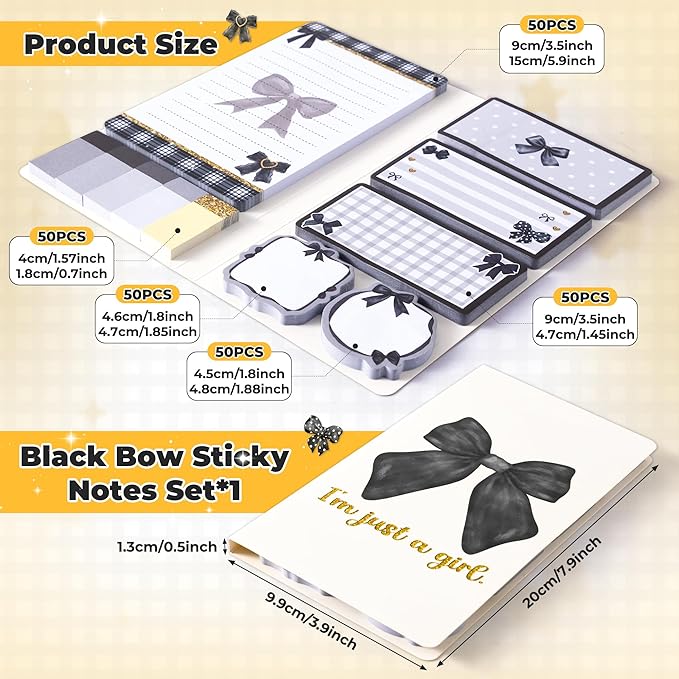 Xqumoi Coquette Black Bow Sticky Notes Set - I’m Just A Girl Self-Stick Note Pads Bowknot Notepads Writing Memo Pad Page Marker Bookmarker Preppy Girly Stuff Back to School Office Supplies Gift