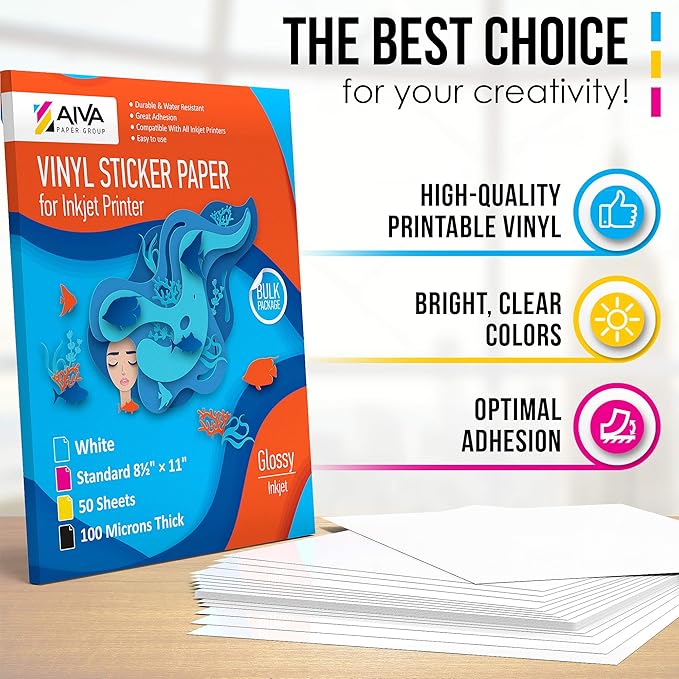 Printable Vinyl Sticker Paper - Waterproof Decal Paper for Inkjet Printer - 50 Self-Adhesive Sheets - Glossy White - Standard Letter Size 8.5"x11"