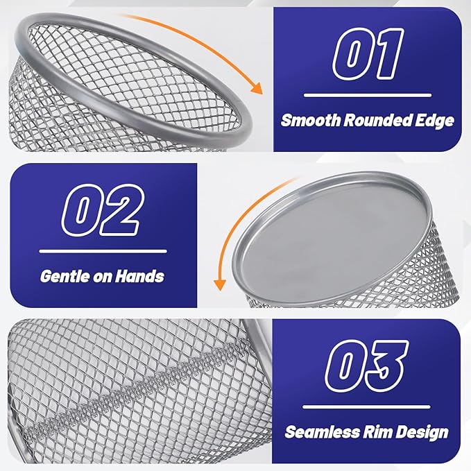 Segarty Pen Cup Holder for Desk, 12 Pack Round Silver Pen Holder, Wire Mesh Pencil Cups Containers Marker Organizer Set for Office Supplies, School, Desktop Accessories, Makeup Brush